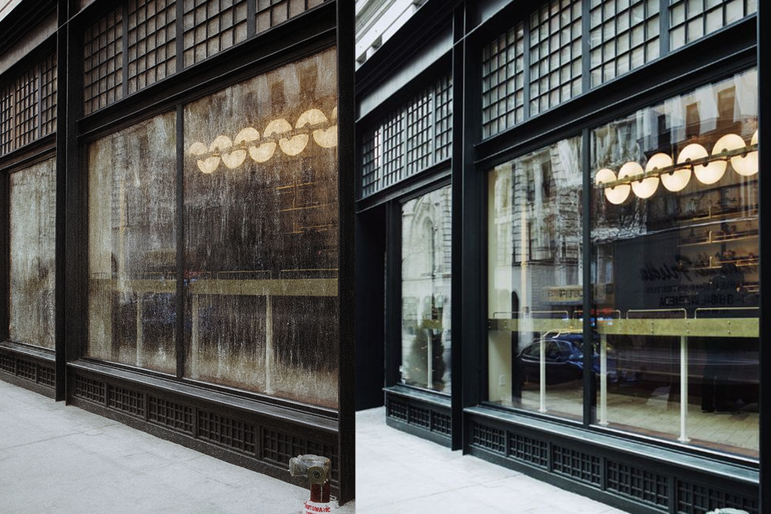 Витрина ресторана до и после полировки стекла